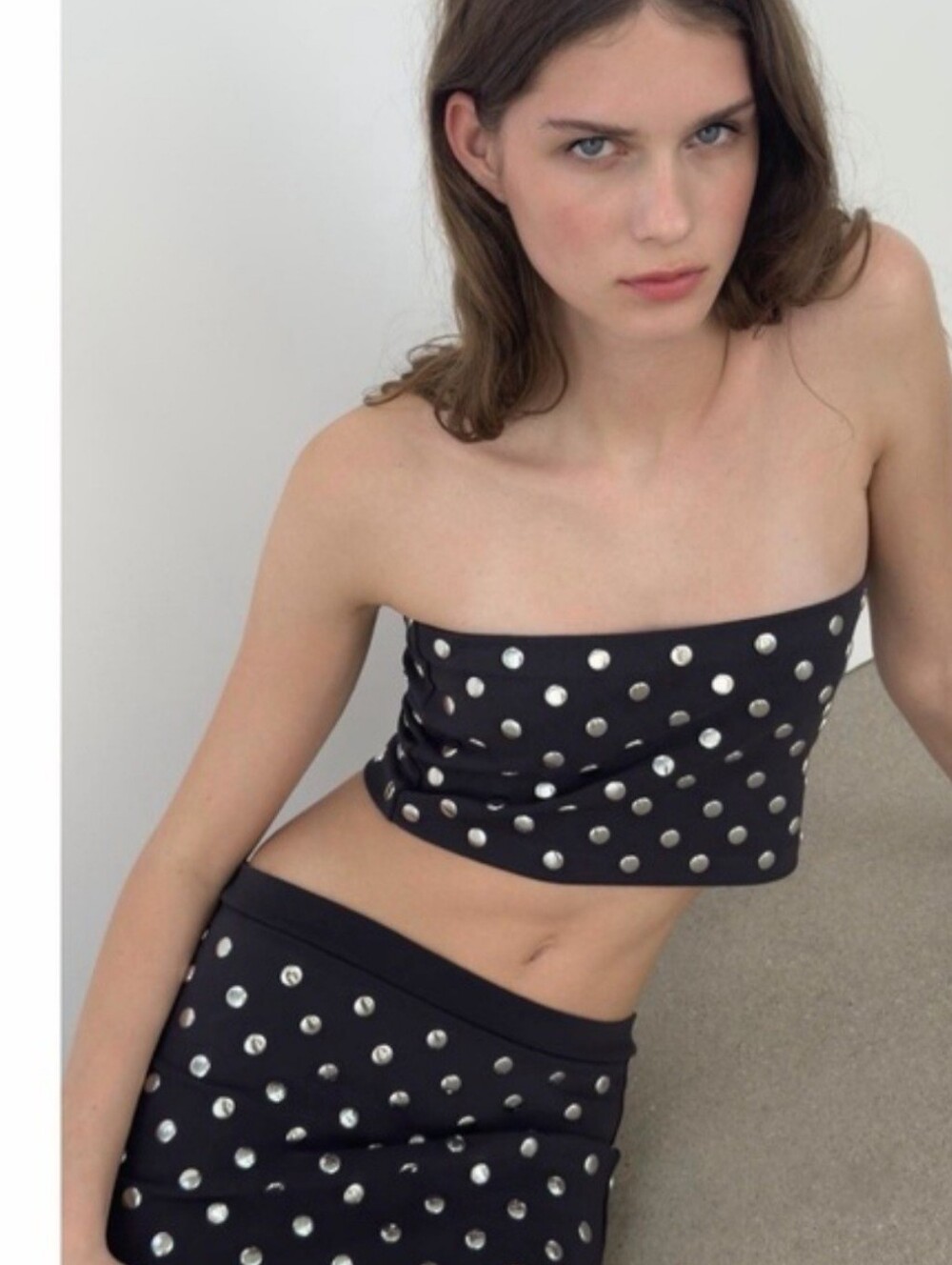 Zara 2pcs Women Grey Studded Set  Top + Mini Skirt Size S M